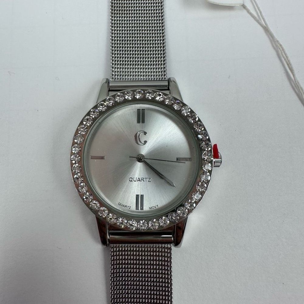 Charming Charlie Womens Wrist Watch Round Crystal Analog Mesh Band Silver Tone